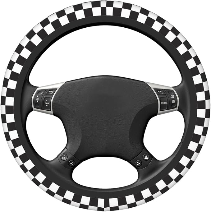 Black and White Checkered Steering Wheel Cover for Women, Universal Auto Steering Wheel 14-15 Inch Car Interior Accessories with 2PCS Car Coasters, Suitable for Men and Women
