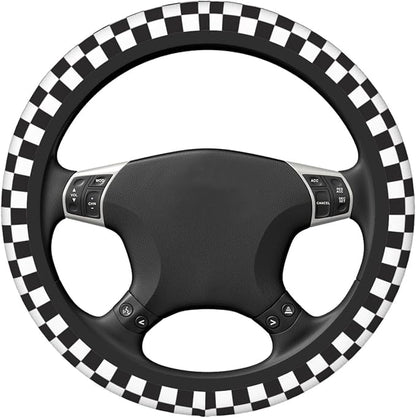 Black and White Checkered Steering Wheel Cover for Women, Universal Auto Steering Wheel 14-15 Inch Car Interior Accessories with 2PCS Car Coasters, Suitable for Men and Women