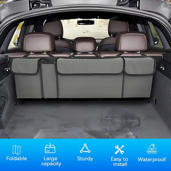 Car Trunk Organizer with Lid, Large Waterproof Vehicle Backseat Hanging Storage Bag with 4 Pockets & Adjustable Straps, Collapsible Automotive Interior Cargo Bag, Universal Fit (Grey)