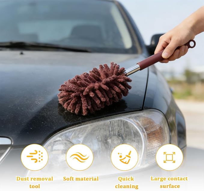 Zpana 2PCS Car Interior Duster with Extension Pole, Soft Chenille Retractable Washable Dash Detailing Cleaner, Auto Window Cleaning Brush Duster for Interior Exterior, Universal Fit (Coffee)