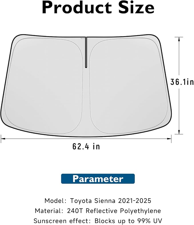 BIBLOZ Car Windshield Sun Shade for Toyota Sienna 2021-2025 2026 Accessories Foldable PET Sunshade Keeps The Car Cool Inside
