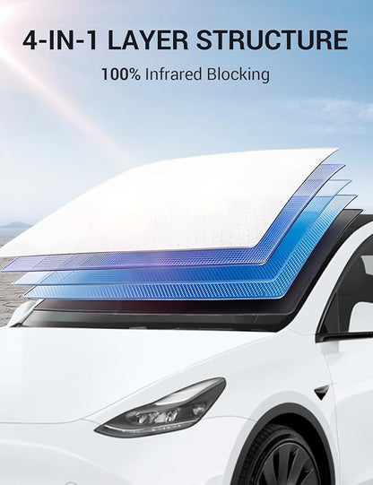BASENOR 2017-2026 Tesla Model Y Model 3 Windshield Sunshade Umbrell [Nano Ice Crystal Particle] Front Window Shade, Coating 100% Heat Protection Retractable Sunshades