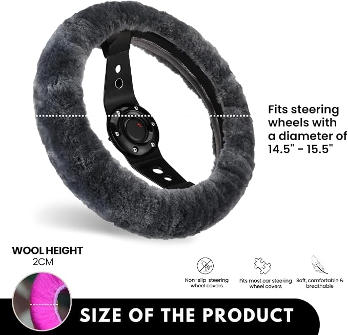 Andalus Brands Luxury Fluffy Car Steering Wheel Covers – Genuine Merino Sheepskin, Soft Fuzzy Car Steering Wheel Cover for Women, Universal 14.5-15" Size, Plush Fur Cute Auto Accessories, Carbon Black