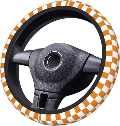 Yellow Checkered Steering Wheel Cover for Women,Universal Auto Steering Wheel 14-15 Inch Car Interior Accessories with 2PCS Car Coasters,Suitable for Men and Women