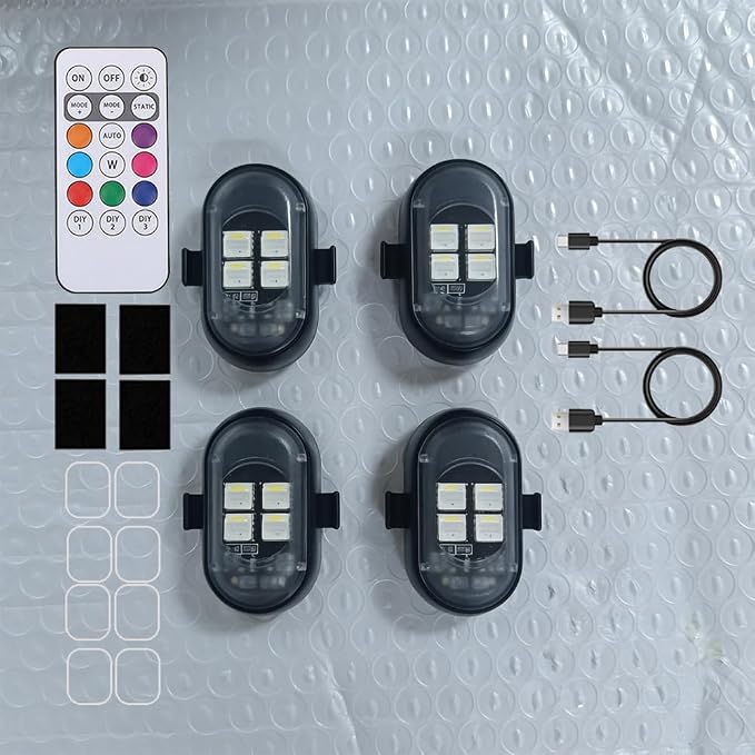 Upgraded 4PCS Mini Wireless LED Strobe Lights for Car Drone Motorcycle Bike with Remote Control High-Brightness Warning Wireless LED Lights for Motorcycle USB Rechargeable 8-Color Car Lights Interior