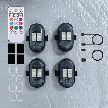 Upgraded 4PCS Mini Wireless LED Strobe Lights for Car Drone Motorcycle Bike with Remote Control High-Brightness Warning Wireless LED Lights for Motorcycle USB Rechargeable 8-Color Car Lights Interior
