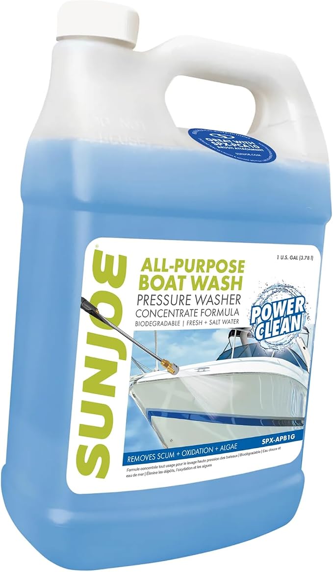 Sun Joe All-Purpose Boat Wash Cleaner for Pressure Washer, Concentrate Formula, Citrus Scent, 1 Gallon - Marine Cleaning Solution for Metal, Wood, Fiberglass, and Exterior Surfaces, SPX-APBW1G