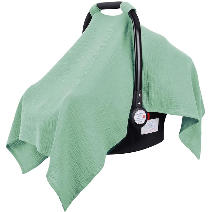 Metplus Muslin Car Seat Cover for Babies, 100% Cotton Breathable Infant Carseat Canopy for Summer, Lightweight Stroller Sunshade Covers for Newborns(Moss Green)