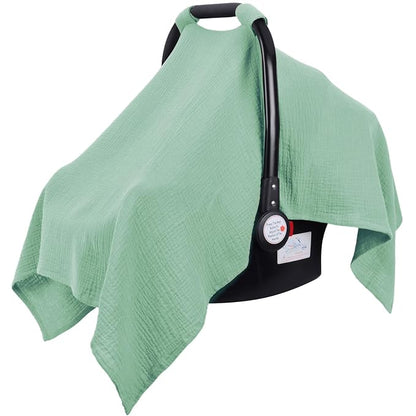 Metplus Muslin Car Seat Cover for Babies, 100% Cotton Breathable Infant Carseat Canopy for Summer, Lightweight Stroller Sunshade Covers for Newborns(Moss Green)