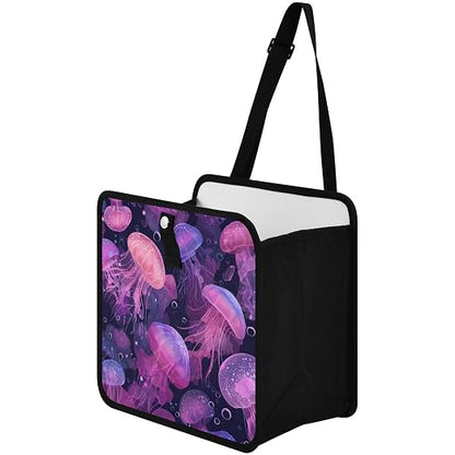 Car Trash Can Organizer Bin with Adjustable Strap for Back Front Seat Console Waterproof Leakproof Collapsible Portable 8.66 Inch Jellyfishes and Bubbles Pink