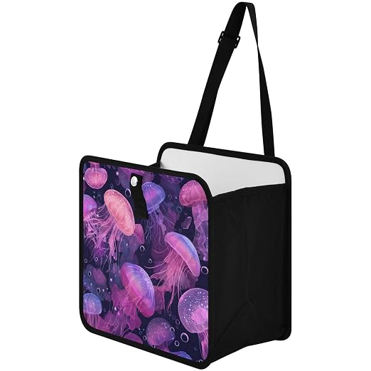 Car Trash Can Organizer Bin with Adjustable Strap for Back Front Seat Console Waterproof Leakproof Collapsible Portable 11 Inch Jellyfishes and Bubbles Pink