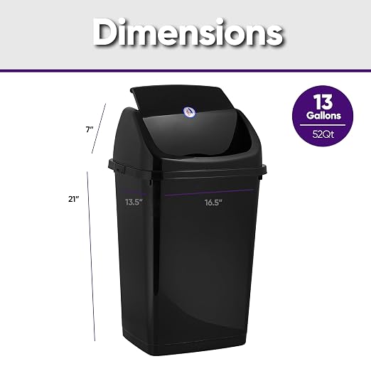 Superio Kitchen Trash Can 13 Gallon with Swing Lid, Plastic Garbage Can Outdoor and Indoor, Large 52 Qt Recycle Bin and Waste Basket for Home, Office, Garage, Patio, Restaurant (Black, 2 Pack)