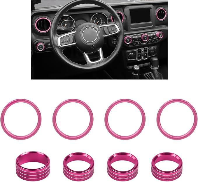 JWWY JL AC Air Vent Trim Rings & Dashboard Headlight Switch Decor Switch Knob Cover Kit Fit for 2018-2023 Jeep Wrangler JL JLU Interior Accessories, Aluminum Alloy 8PCS Pink