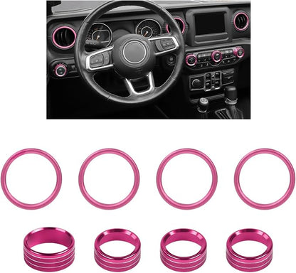 JWWY JL AC Air Vent Trim Rings & Dashboard Headlight Switch Decor Switch Knob Cover Kit Fit for 2018-2023 Jeep Wrangler JL JLU Interior Accessories, Aluminum Alloy 8PCS Pink