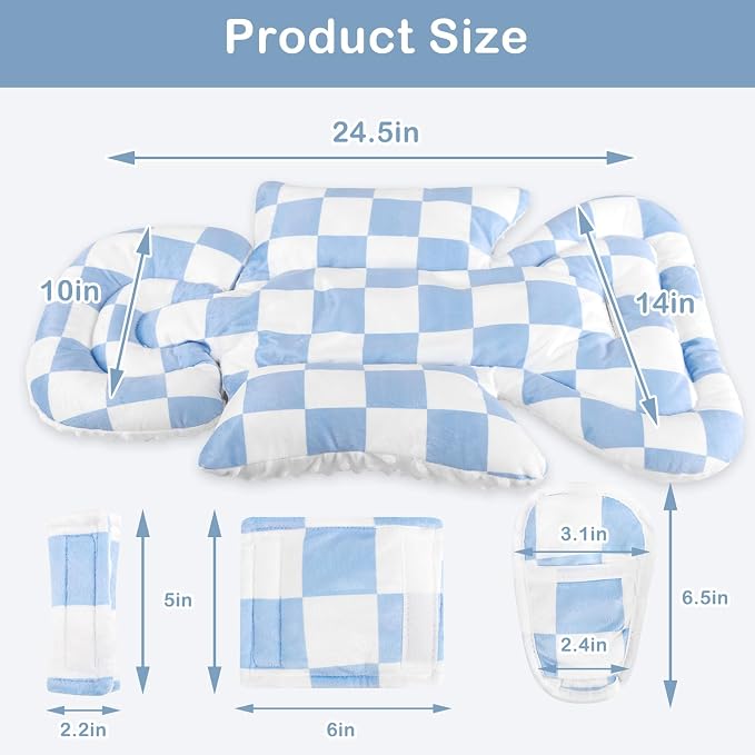 DILIMI Infant Car Seat Insert, Baby Car Seat Head Support with 3 Strap Paddings, Soft Newborn Car Seat Cushion for Stroller, Swing, Bouncers, Blue Checkered