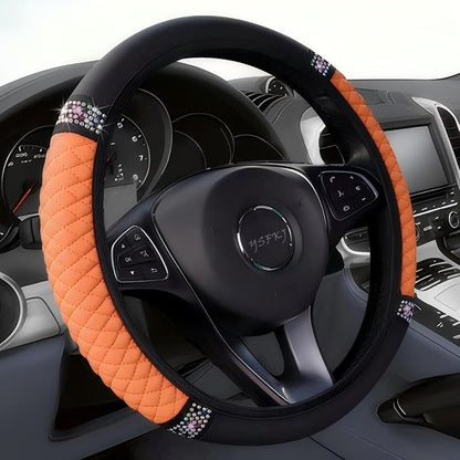 Soft Leather Car Steering Wheel Cover, Universal 15 Inch Colorful Rhinestones Anti-Slip Elastic Steering Wheel Covers for Most Cars, Sparkly Crystal Diamond for Women Girls (Orange)