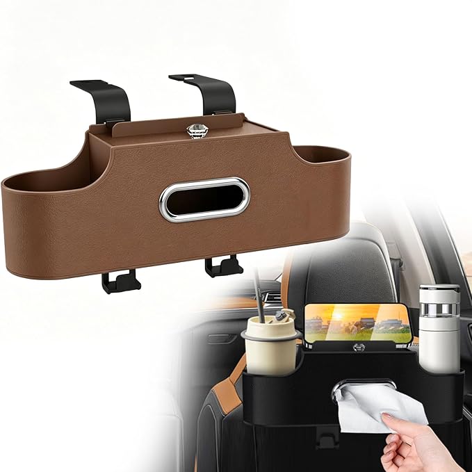 4-in-1 Back Seat Car Organizer, Adjustable Hooks, Universal Fit with Cup Holder, Tissue Box & Storage. For Travel, Stores Phone, Snacks, Drinks, Handbags, Keeps Car Neat & Space-Saving (Brown)