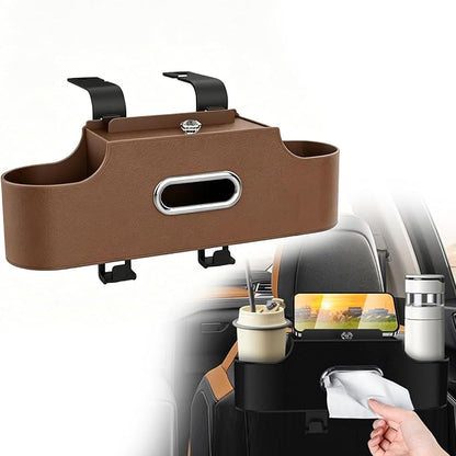 4-in-1 Back Seat Car Organizer, Adjustable Hooks, Universal Fit with Cup Holder, Tissue Box & Storage. For Travel, Stores Phone, Snacks, Drinks, Handbags, Keeps Car Neat & Space-Saving (Brown)