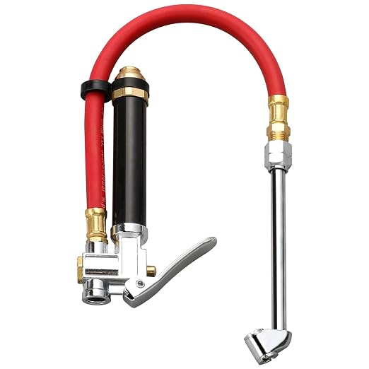 Tire Inflator with Tire Pressure Gauge, Dual-Head Air Chuck with 12 Inch Rubber Air Hose