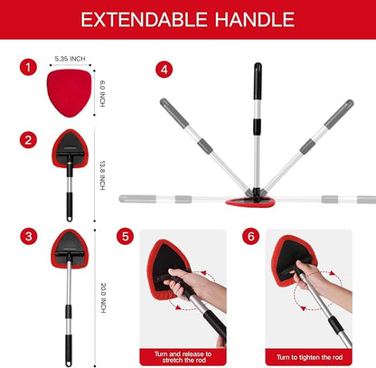 Qydipclin 7pcs Windshield Cleaner Tool Car Window Cleaning Wash Kit with 4 Reusable Microfiber Pads 1 Spray Bottle and Extendable Handle Auto Glass Wiper Kit, Red