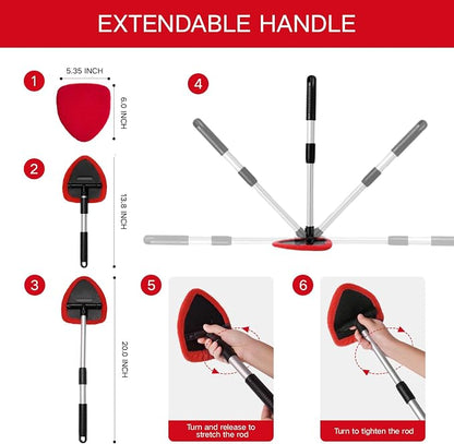 Qydipclin 11pcs Windshield Cleaner Tool, Car Window Cleaning Wash Kit with 6 Reusable Microfiber Pads 2 Spray Bottles and Extendable Handles Auto Glass Wiper Kit, Red