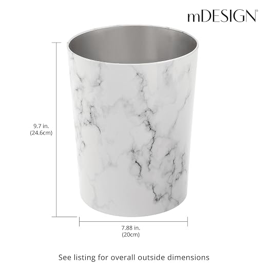 mDesign Round Metal Small 1.7 Gallon Recycle Trash Can Wastebasket, Garbage Container Bin for Bathrooms, Kitchen, Bedroom, Home Office - Durable Stainless Steel - Mirri Collection - White Marble