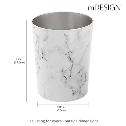 mDesign Round Metal Small 1.7 Gallon Recycle Trash Can Wastebasket, Garbage Container Bin for Bathrooms, Kitchen, Bedroom, Home Office - Durable Stainless Steel - Mirri Collection - White Marble