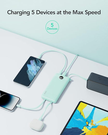 VRURC Portable Phone Charger for iPhone, 10000mAh Power Bank Built in Cables & Lanyard, Slim USB C Battery Bank 5 Outputs for Multi Devices,Travel Essential for College Students Teen Boys Girls-Green