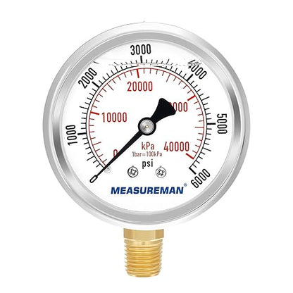 MEASUREMAN 2-1/2" Dial Size, Glycerin Filled Pressure Gauge, 0-6000psi/kpa, 304 Stainless Steel Case, 1/4" NPT Lower Mount