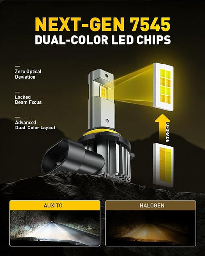 AUXITO 9006 HB4 LED Switchback Bulb, 6500K Cool White & 3000K Amber Yellow, 50000LM Brighter Ultra-Bright, Plug N Play, Long Lifespan, No Flicker, Fit For 99% Vehicles, 2PCS