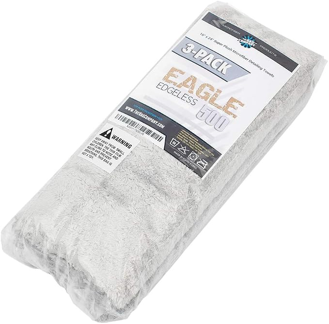 The Rag Company - Eagle Edgeless 500 (3-Pack) Professional Korean 70/30 Blend Super Plush Microfiber Detailing Towels, 500GSM, 16in x 24in, Ice Grey