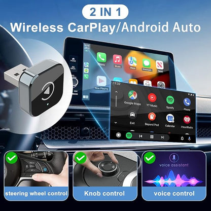 2026 New 2-in-1 Car Wireless CarPlay Android Adapter Quick Auto Connect Plug and Play CarPlay Adapter Wired to Wireless Plug and Play with Type-C Adapter for iPhone and Android Compatible Cars
