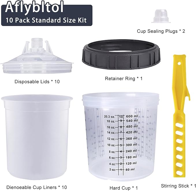 Disposable Paint Sprayer Mixing Cup for Automotive Paint Gun, HVLP Paint Spray Paint Gun 20 Ounce (600ml) Kit with 10 Cups and Lids System, 1 Hard Cup with Retainer Ring and 2 Plugs