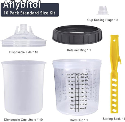 Disposable Paint Sprayer Mixing Cup for Automotive Paint Gun, HVLP Paint Spray Paint Gun 20 Ounce (600ml) Kit with 10 Cups and Lids System, 1 Hard Cup with Retainer Ring and 2 Plugs