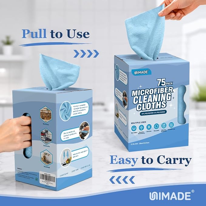 UNIMADE Microfiber Cleaning Cloth, 75 Sheets Microfiber Towels for Cars Commercial Grade Washcloths Lint-Free Bulk Shop Towel Cleaning Rags for Household Restaurant Garage Housekeeping, 11"x 9", Blue