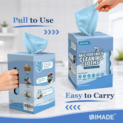 UNIMADE Microfiber Cleaning Cloth, 75 Sheets Microfiber Towels for Cars Commercial Grade Washcloths Lint-Free Bulk Shop Towel Cleaning Rags for Household Restaurant Garage Housekeeping, 11"x 9", Blue