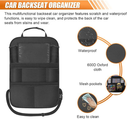 Car Backseat Organizer with 10'' Tablet Holder, Oxford Fabric Auto Seat Back Protector Kick Mats for Kids, Car Back Seat Storage Pockets Organizer, Essentials Travel Accessories for Road Trip (2PCS)