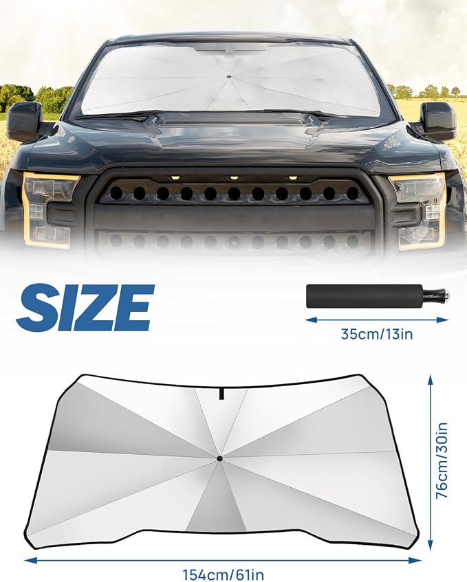 JOYTUTUS Windshield Sun Shade Umbrella, Fit for Ford 2015-2025 F150 F250 F350, Front Window Sun Shade with 360° Rotation Bendable Shaft, Titanium Silver Coating for UV Block, with Car Safety Hammer