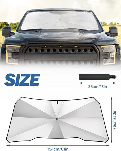 JOYTUTUS Windshield Sun Shade Umbrella, Fit for Ford 2015-2025 F150 F250 F350, Front Window Sun Shade with 360° Rotation Bendable Shaft, Titanium Silver Coating for UV Block, with Car Safety Hammer