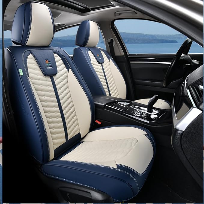 FLORICH Seat Covers for Cars, Seat Covers Full Set 5 Seats, Waterproof Leather Car Seat Covers, Front and Rear Seat Covers, Universal Seat Protector Accessories for Most Vehicles-Blue&White