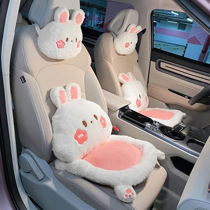 3Pcs Cartoon Car Seat Cushion Lumbar Support Pillow and Neck Pillow, Cute Car Seat Pillow Headrest Pillow Back Support for Driving Fatigue Relief,for Office Chair Truck SUV (Rabbit Sets)