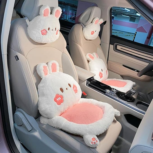 3Pcs Cartoon Car Seat Cushion Lumbar Support Pillow and Neck Pillow, Cute Car Seat Pillow Headrest Pillow Back Support for Driving Fatigue Relief,for Office Chair Truck SUV (Rabbit Sets)