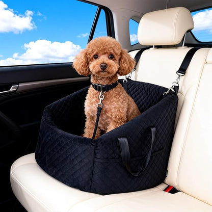 Elevated Dog Booster Seat for Small Dogs, Pet Travel Bed with Safety Leash, Anti-Slip Base, Soft Velvet, Removable Washable Cover, Secure for Pets Up to 30 lbs