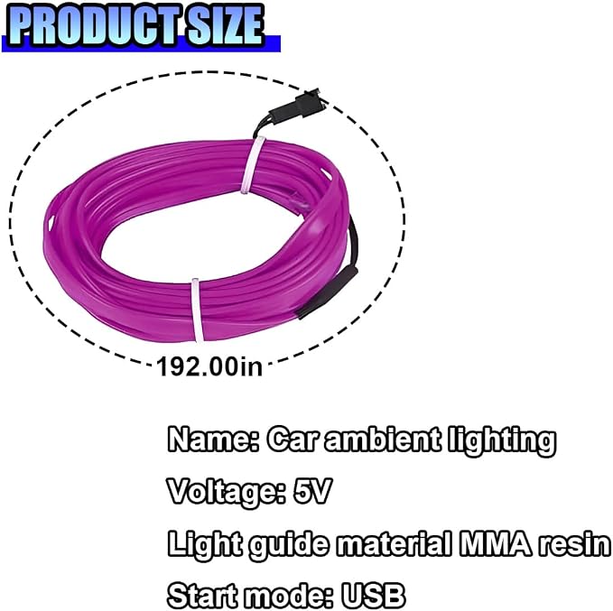 ZIMISI EL Wire Car Interior LED Strip Lights, 5V 16FT Neon Light Strip with Sewing Edge, USB Electroluminescent Car Interior Lights with Fuse Protection, Vehicle Ambient Lighting Decorations (Purple)