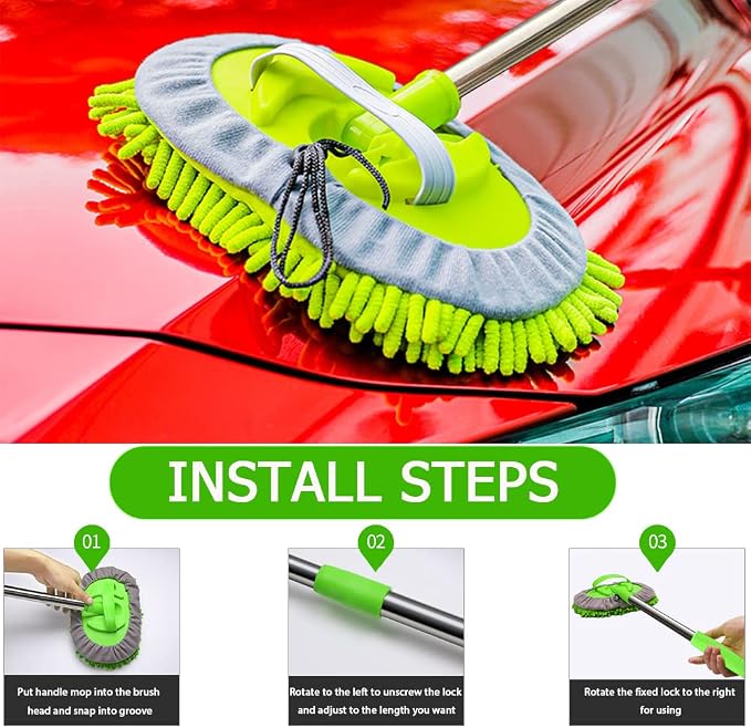 WillingHeart 47.5" Car Wash Brush Mop Cleaning Tool with Long Handle Kit for Washing Detailing Cars Truck, SUV, RV, Trailer, Boat 2 in 1 Chenille Microfiber Sponge Duster Not Hurt Paint Scratch Free