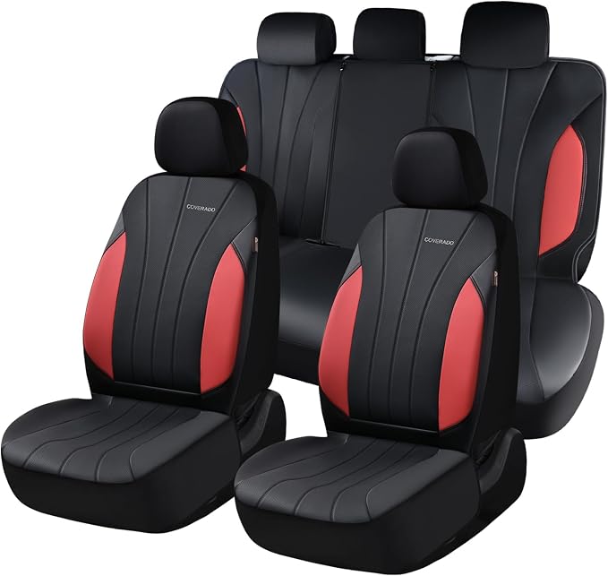 Coverado Car Seat Covers Full Set, 5 Seats Waterproof Nappa Leather Automotive Seat Protectors, Front & Rear Luxury Mesh Seat Covers,All-Weather Universal Fit for Most Cars SUVs, Trucks,Black&Red