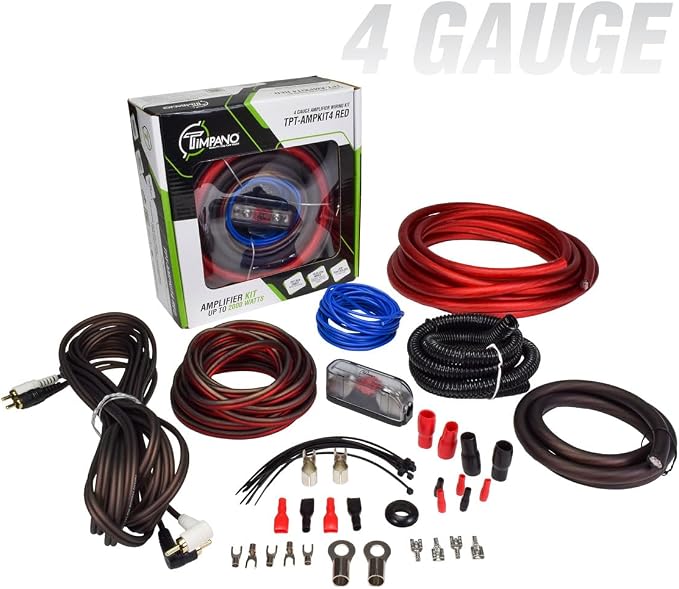 Timpano Amplifier Wiring Kit - 4 Gauge Amp Kit 2000 Watts Car Amplifier Installation CCA Cables Kit – 150 Amp Fuse Single Amp TPT-AMPKIT4 RED