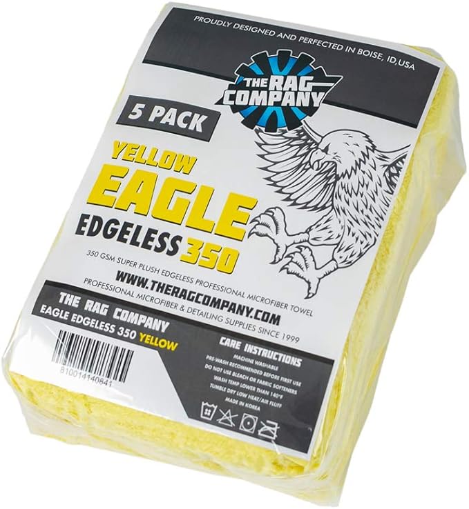 The Rag Company - Eagle Edgeless 350 (5-Pack) Professional Korean 70/30 Blend Super Plush Microfiber Detailing Towels, 350GSM, 16in x 16in, Yellow