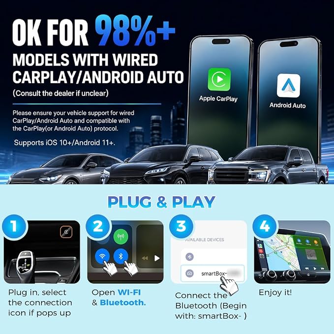 Wireless CarPlay & Android Auto Adapter, Wired to Wireless 2-in-1 CarPlay Dongle for iPhone＆Androidphone, No Audio Lag, Auto-Connect Plug & Play, USB-A/C, Fast, Stable for iOS 10+ & Android 11+