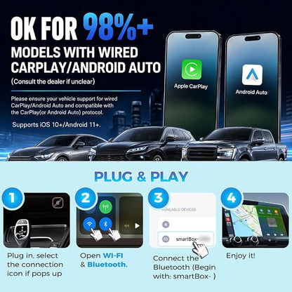 Wireless CarPlay & Android Auto Adapter, Wired to Wireless 2-in-1 CarPlay Dongle for iPhone＆Androidphone, No Audio Lag, Auto-Connect Plug & Play, USB-A/C, Fast, Stable for iOS 10+ & Android 11+